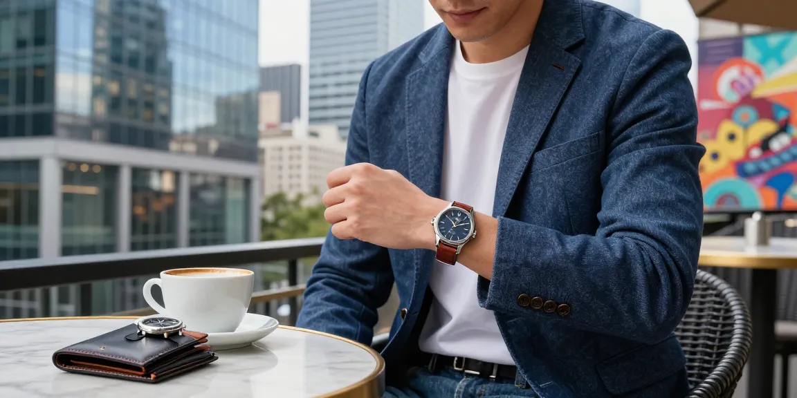 Stylish individual showcasing luxury clone watches in an urban café setting