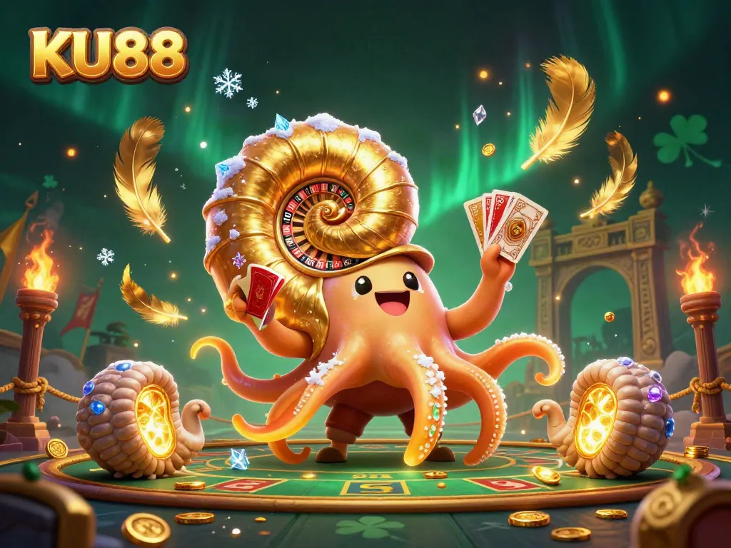 Engage with KU88's vibrant online casino experience featuring a nautilus roulette wheel surrounded by dynamic gaming elements.