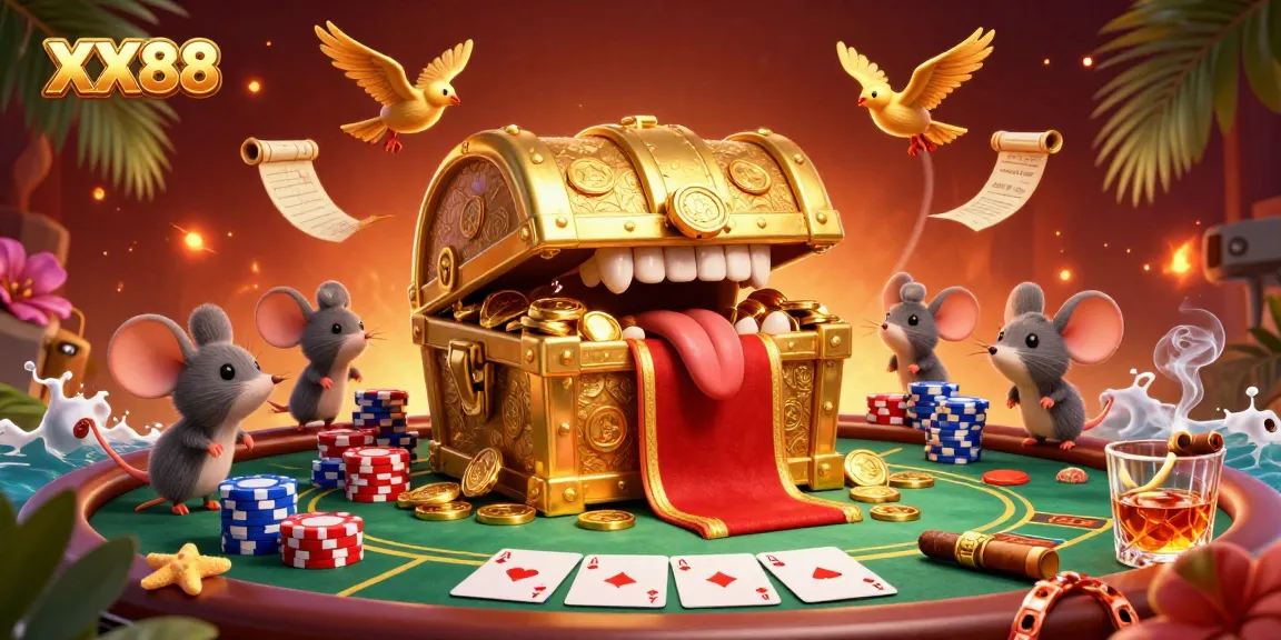 Experience thrilling poker action at XX88 with a golden treasure chest surrounded by colorful chips and playing cards.