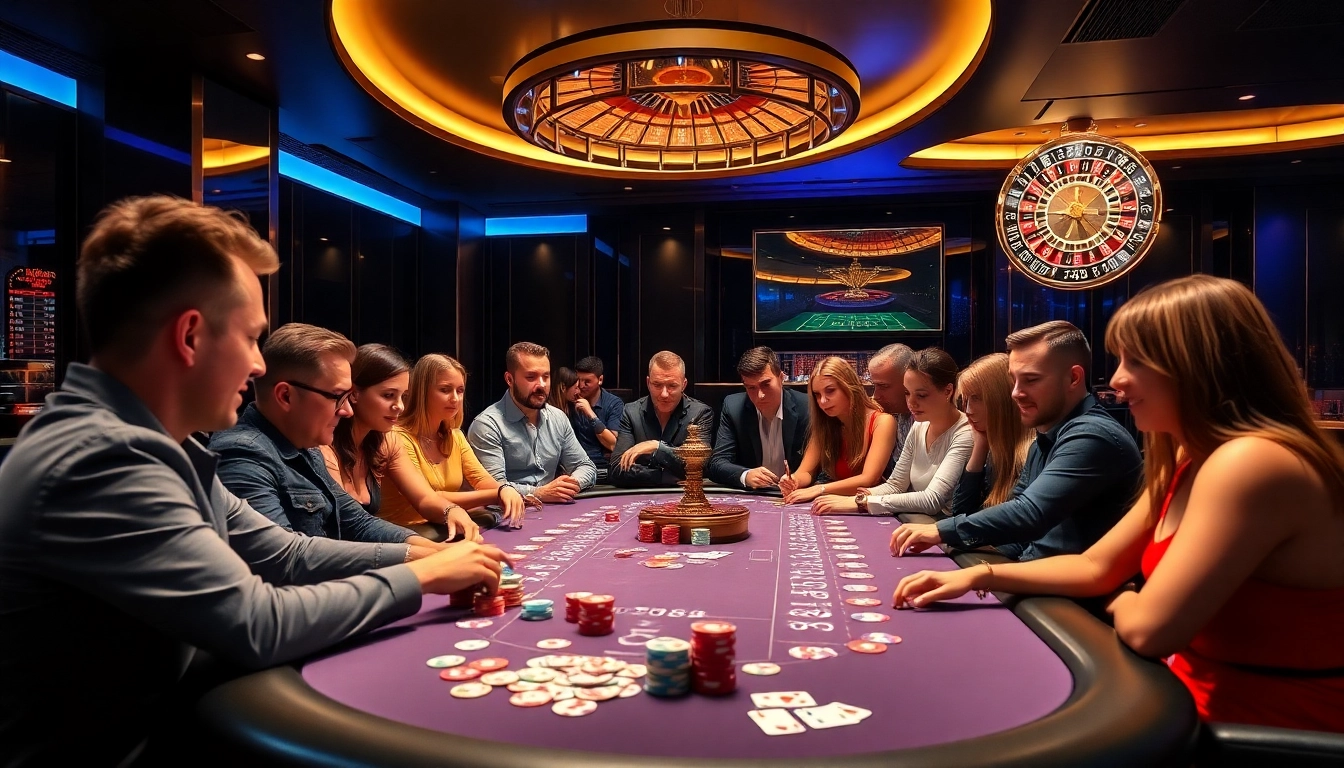 Players enjoying an exciting game at 789club's modern casino table with vibrant poker chips and cards.