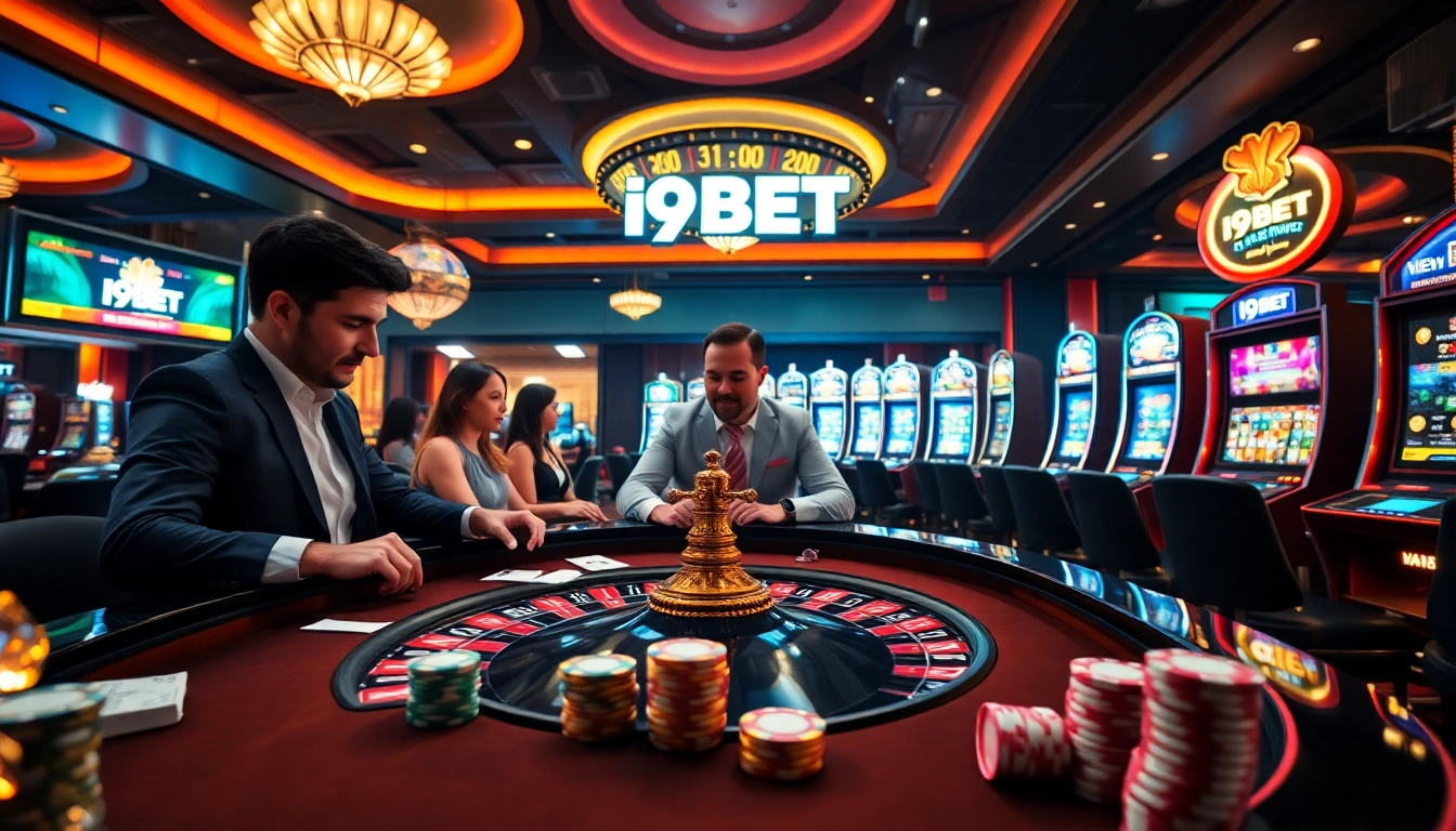 Excited gamblers at the luxurious I9BET casino roulette table with vibrant colors and poker chips.
