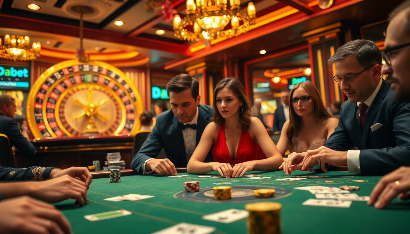 Experience the thrill of Dabet with players at a lively poker table amidst vibrant casino action.