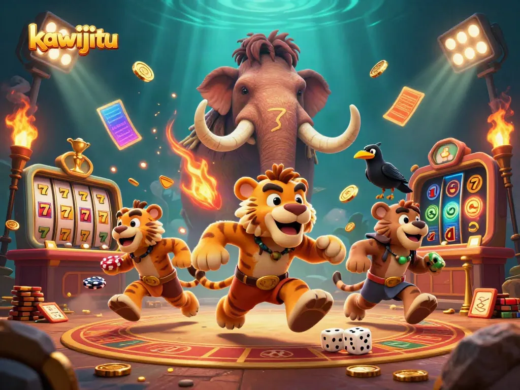 Kawijitu showcases a lively 3D prehistoric casino scene with stone poker chips, showcasing excitement and fun.