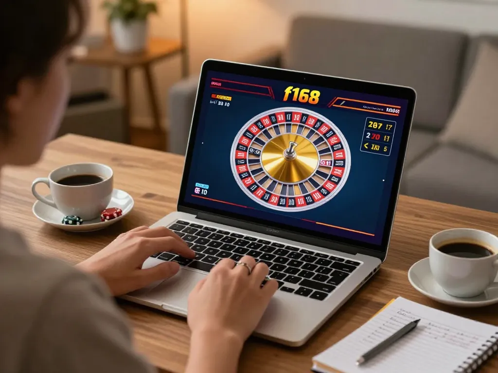 f168 online player placing bets on a live roulette game in a stylish home setting.