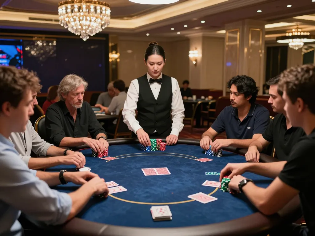 Iwinclub players engaged in high-stakes poker at a luxurious VIP table, showcasing an upscale gaming experience.