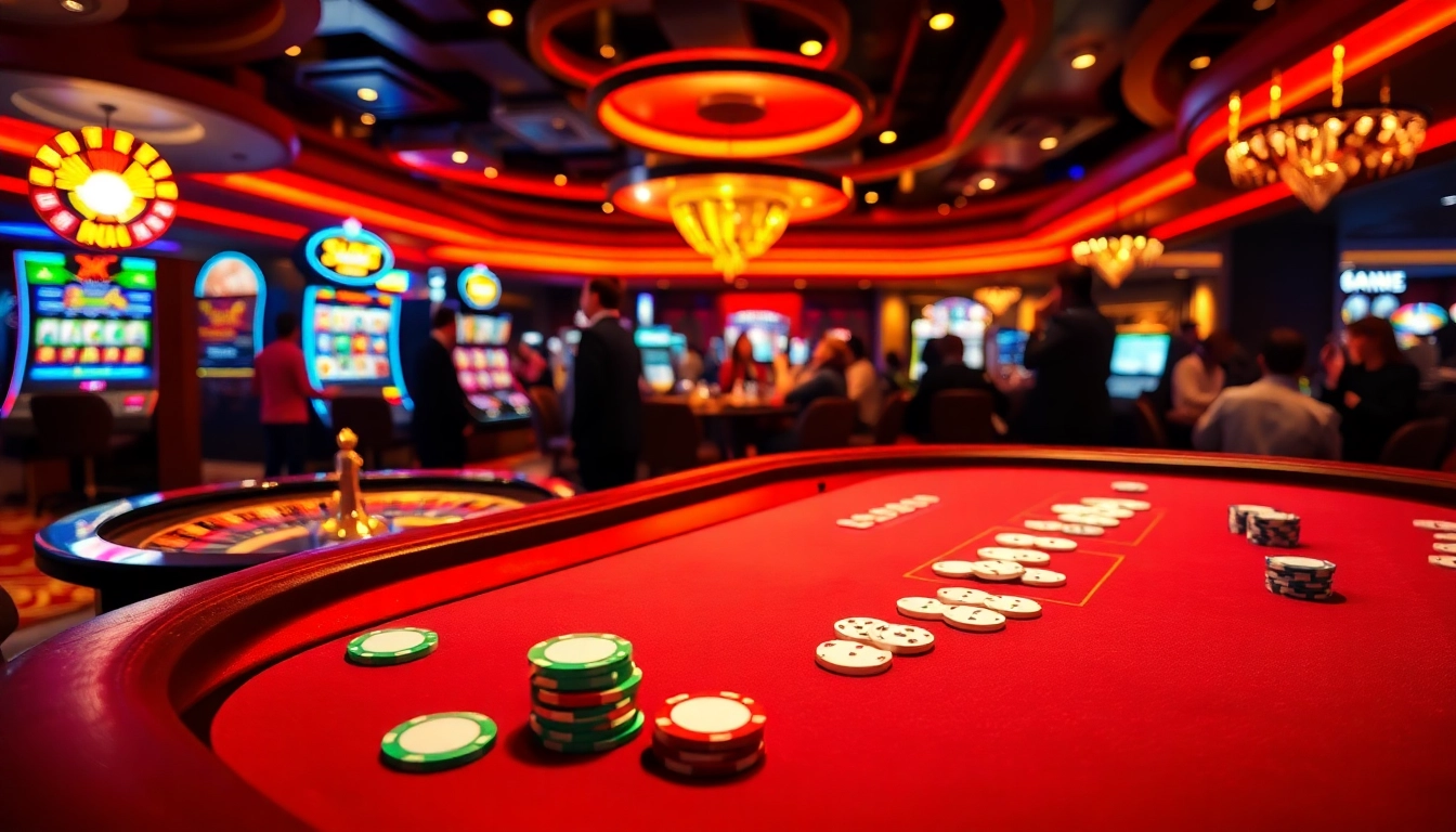 Players enjoying a thrilling poker game at https://fabet.free/, surrounded by vibrant casino elements.