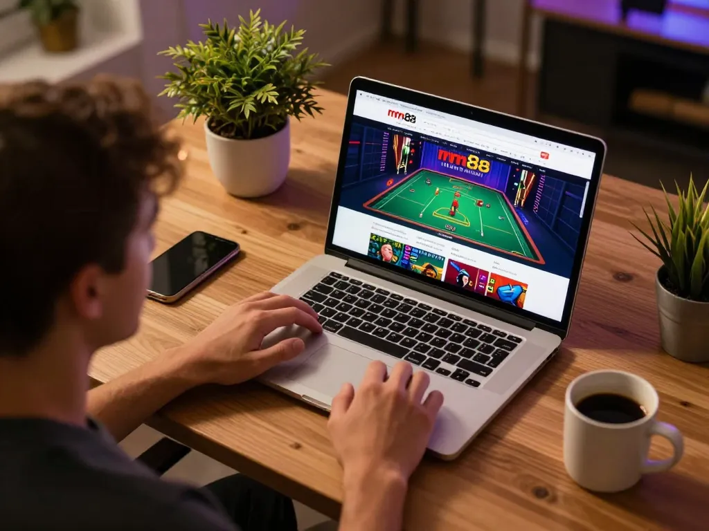Play mm88 online casino games from a cozy home setup with a laptop and vibrant screen.