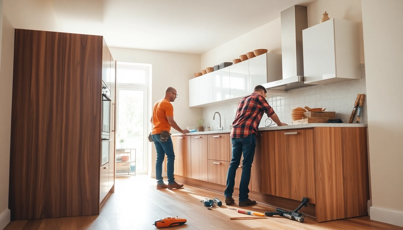 Skilled kitchen fitters expertly installing modern cabinetry in a stylish kitchen.