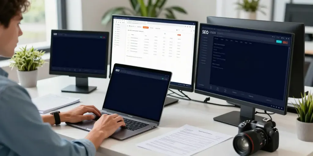 Professional workspace highlighting instant indexing analysis on multiple screens.