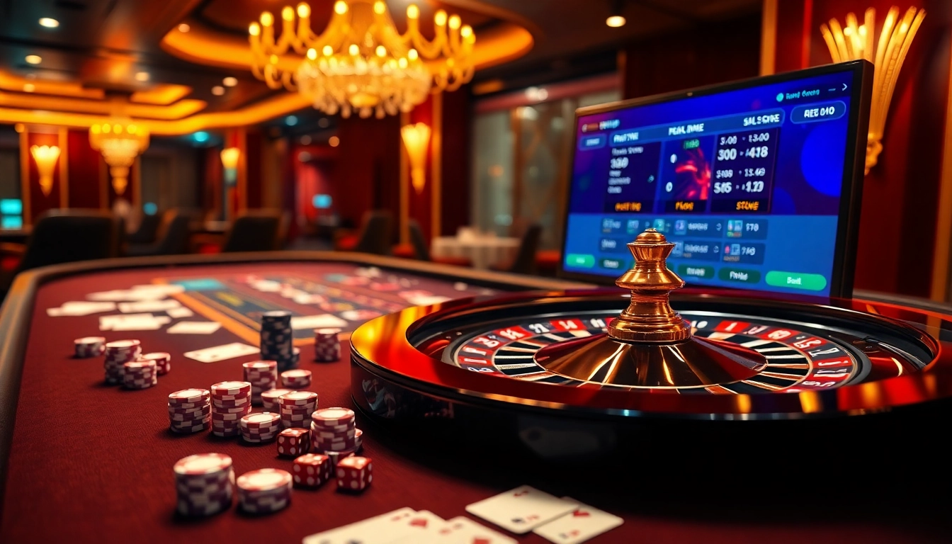 Action-packed scene of online gambling at Rikvip, featuring a roulette wheel and poker table.