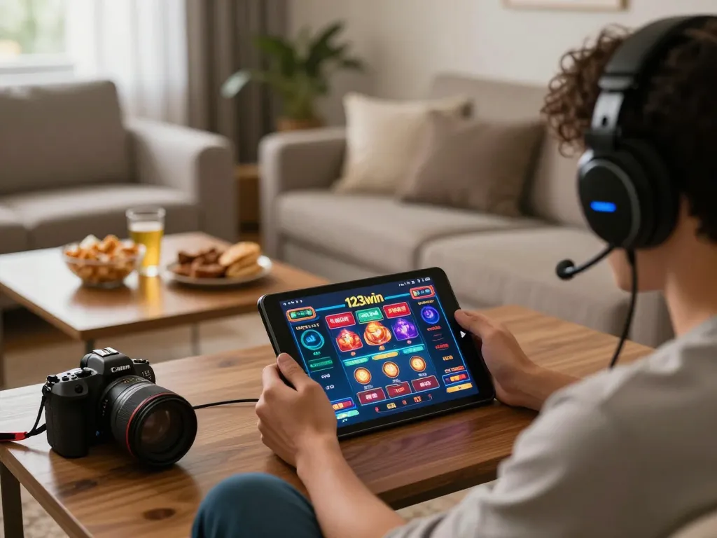 Engaging gameplay experience at home using 123win online casino interface on a tablet in a cozy setting