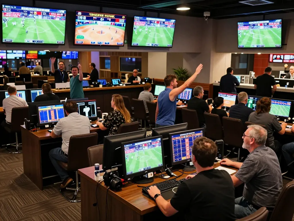 Patrons enjoy a lively sports betting atmosphere at Net 88, celebrating wins and placing bets.