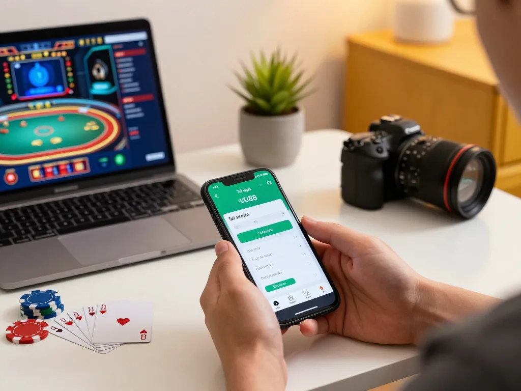 Tải app UU88 displayed on a smartphone while engaged in strategic online gambling at home.