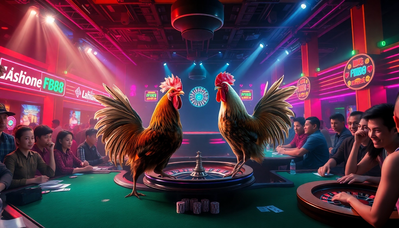 Exciting Đá Gà FB88 match captures intense betting moments with spectators engaged in gambling.