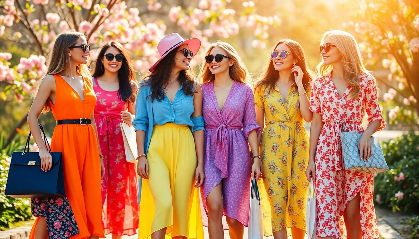 Women Fashion displayed by diverse models in vibrant spring outfits enjoying an outdoor shopping day.