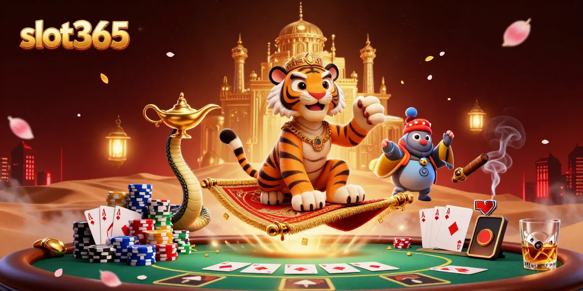 Experience the excitement of slot365 with a vibrant casino-themed illustration featuring a sultan and a genie.