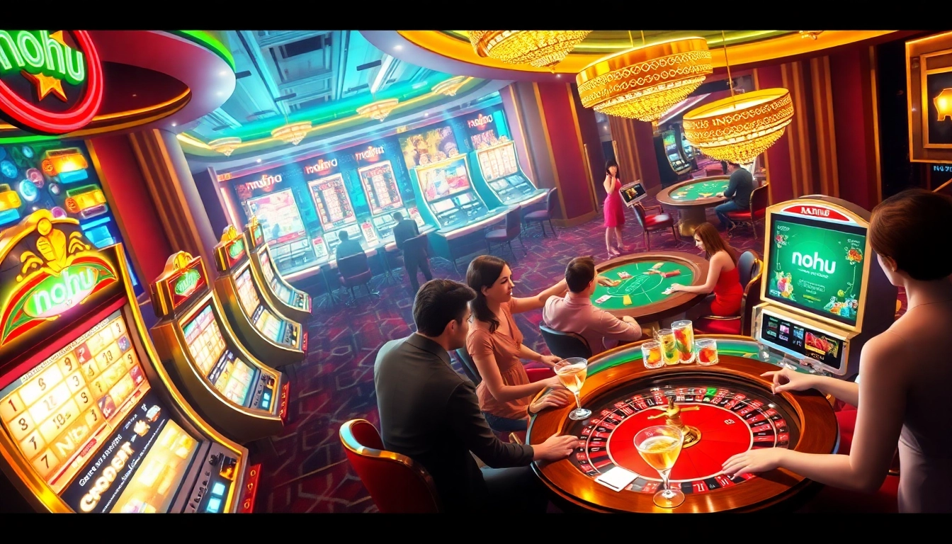 Nohu-themed online gambling experience showcasing lively players at slot machines and card tables.