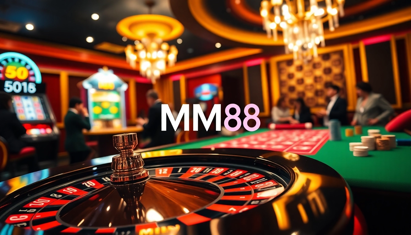Experience the thrill of MM88 with poker chips and roulette in a vibrant casino setting.