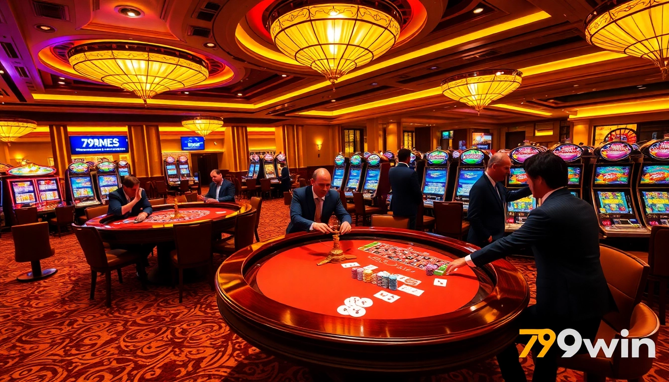 Experience the excitement of gambling at 79win with vibrant casino visuals capturing poker, roulette, and slot machines.