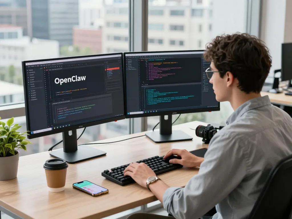 Developer configuring OpenClaw AI on dual monitors in a modern office setting, showcasing technology integration.