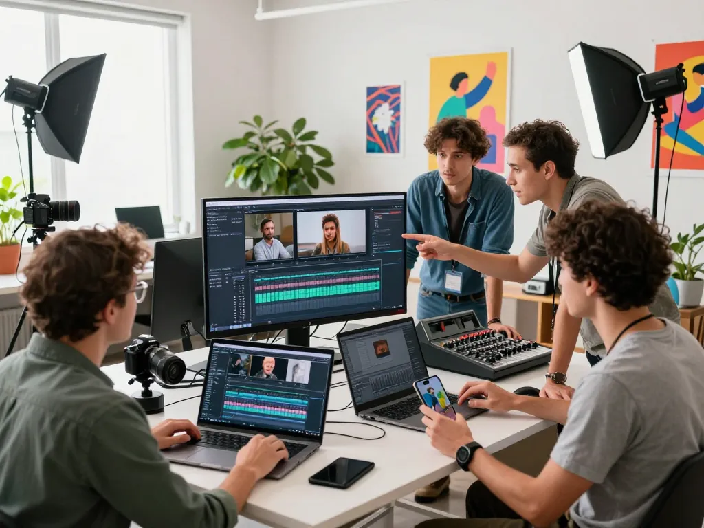 Creators using a video to prompt generator in a dynamic video production studio setting for collaboration and creativity.