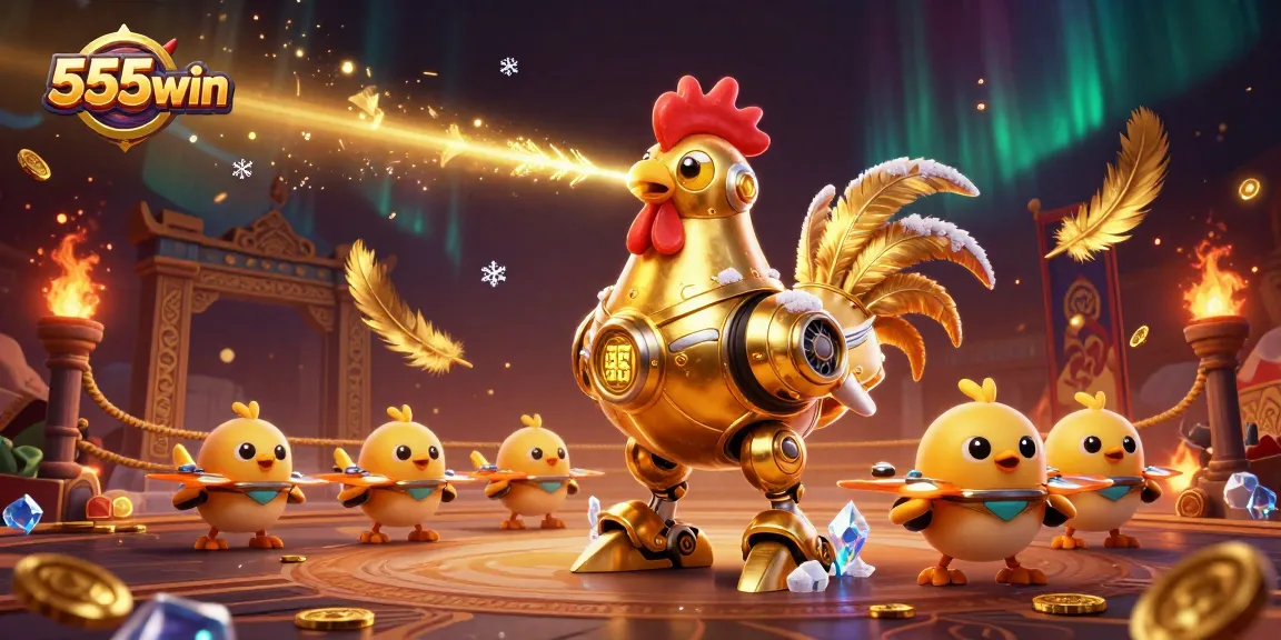 Experience thrilling gaming with 555win as the golden rooster robot leads baby chick drones in a vibrant casino scene.