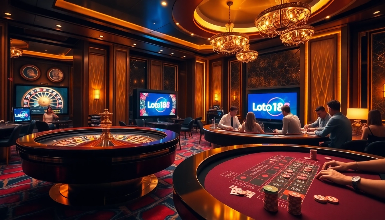 Experience the excitement of gambling at loto188.gb.net with a luxurious casino scene featuring roulette and poker.