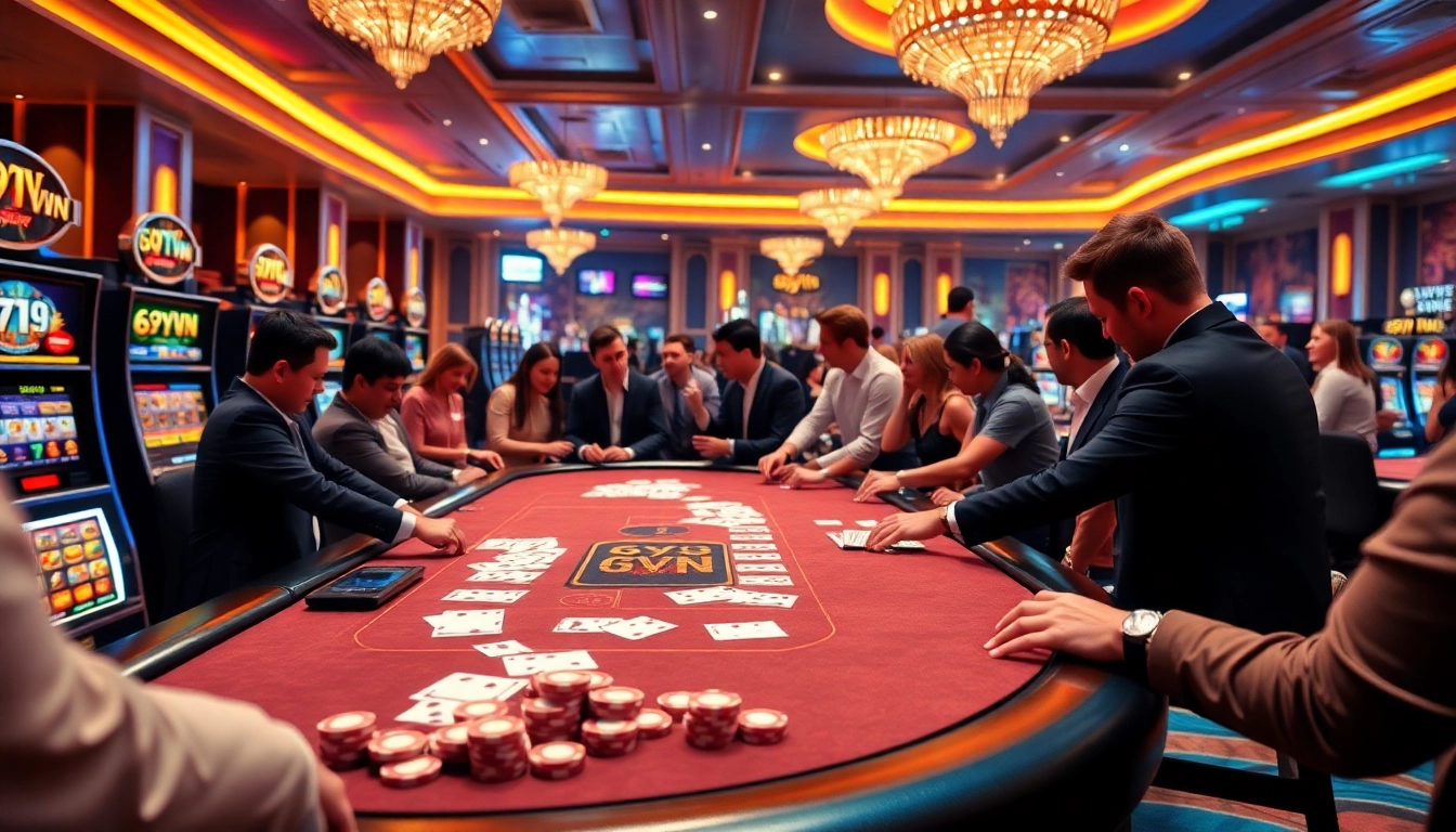 Casino atmosphere featuring 69VN's digital banner, dealers, and excited players enjoying thrilling games.