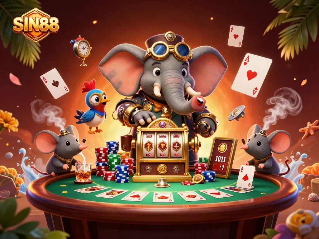 Spin the golden slots at SIN88 with a steampunk elephant engineer and lively casino atmosphere.
