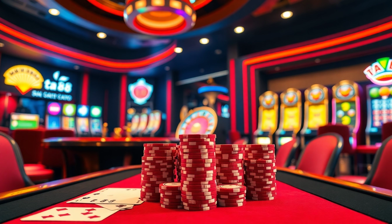 Engage in riveting casino action at ta 88 with glamorous poker tables, vibrant slot machines, and neon roulette wheels.