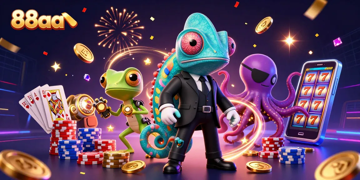 Engage with 88aa in an exciting 3D casino scene featuring slots, coins, and vibrant characters.