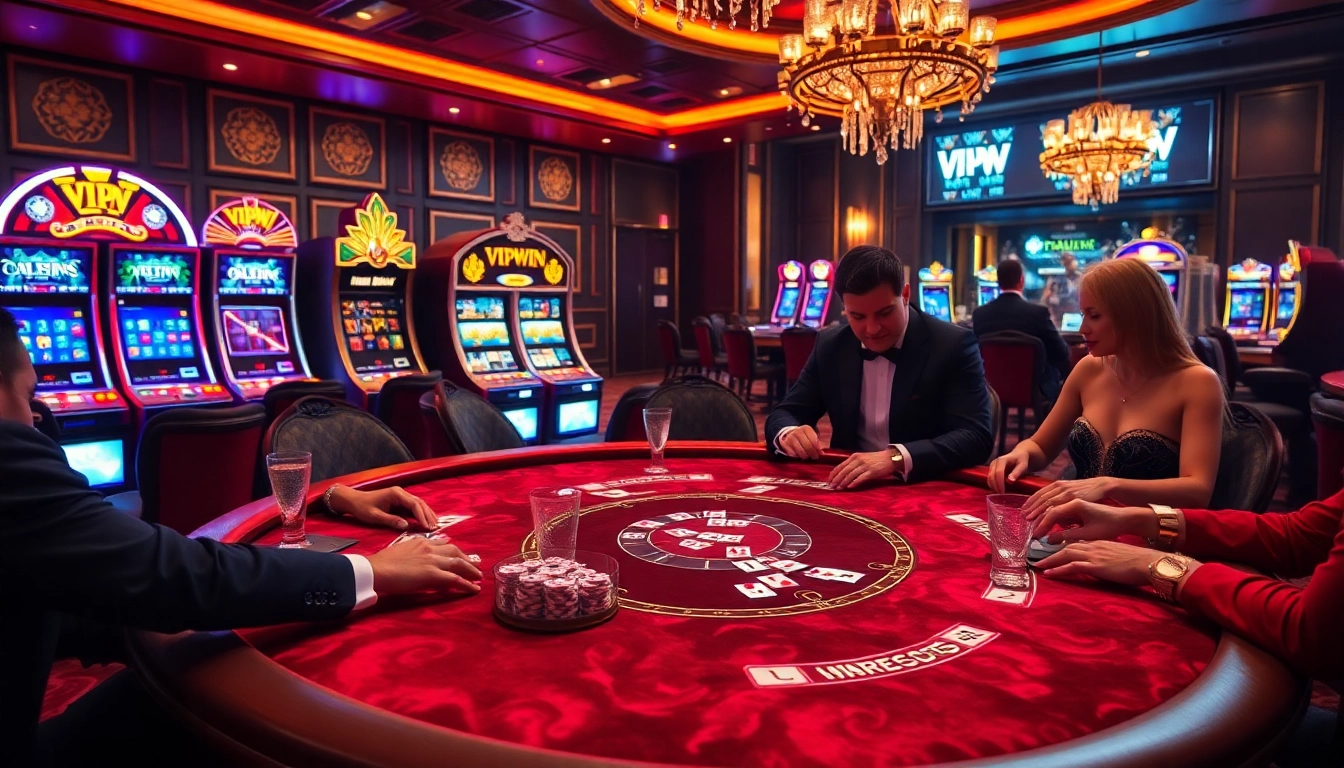 VIPWIN players engaging at a luxurious casino poker table with colorful chips and cards.
