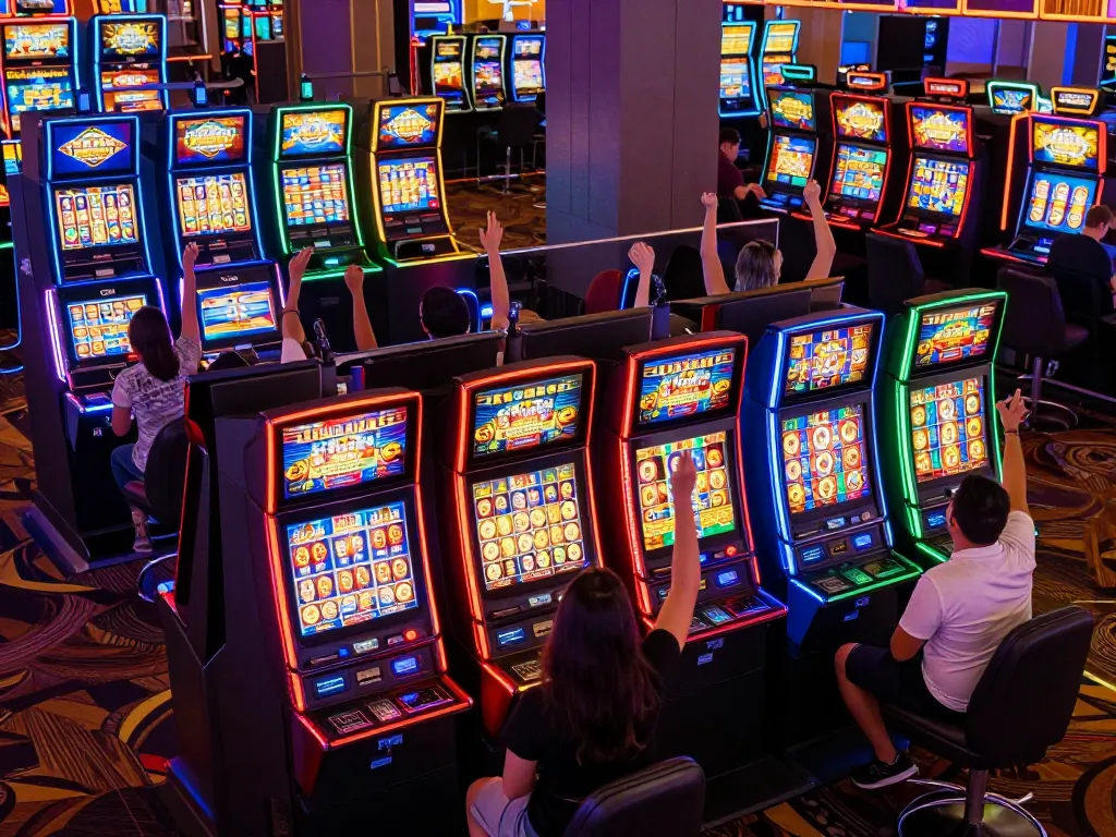 Players celebrating wins at Slot Malaysia machines in a colorful casino.