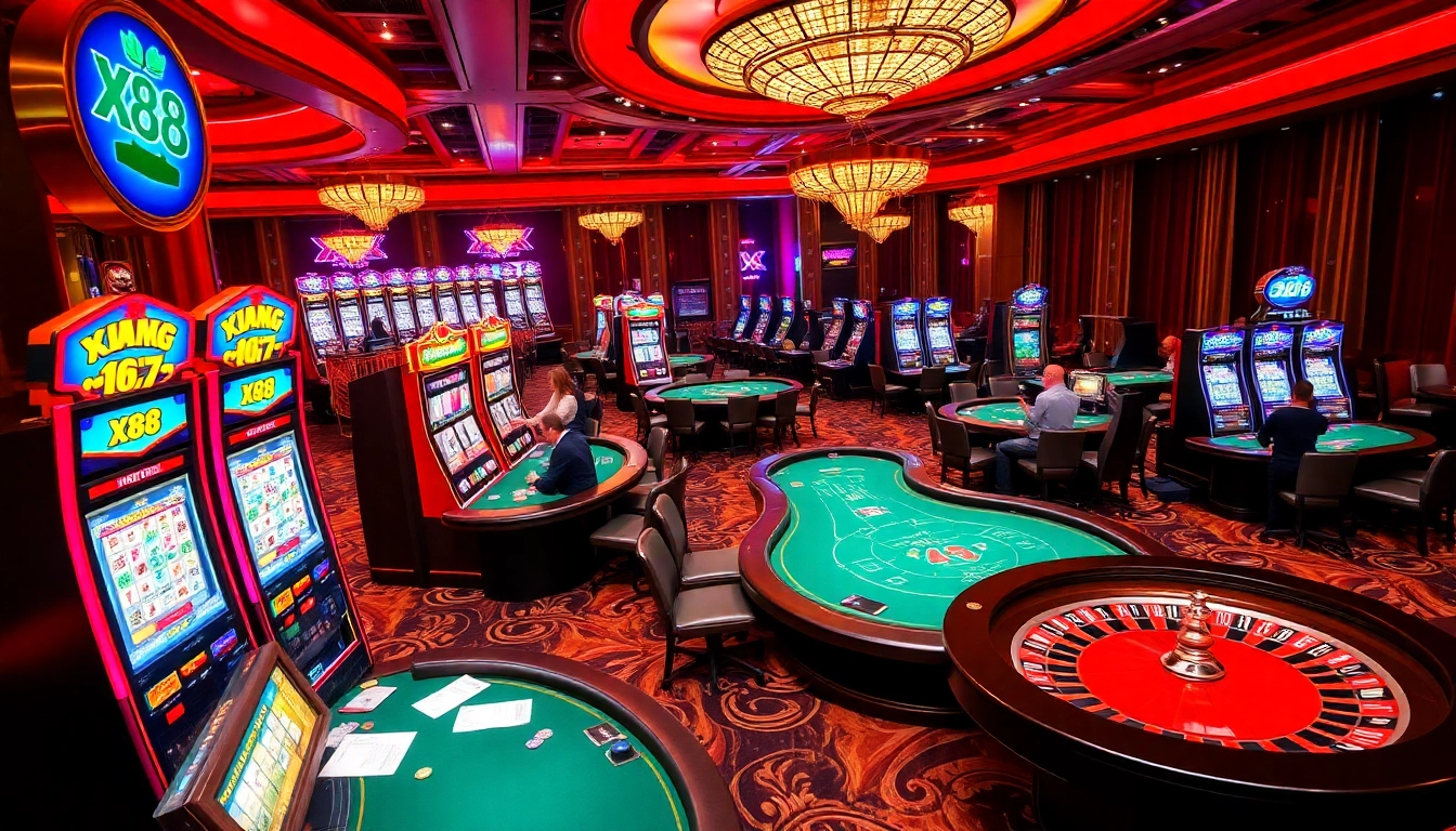 X88-themed casino with lively slot machines and poker tables, showcasing vibrant gaming action.