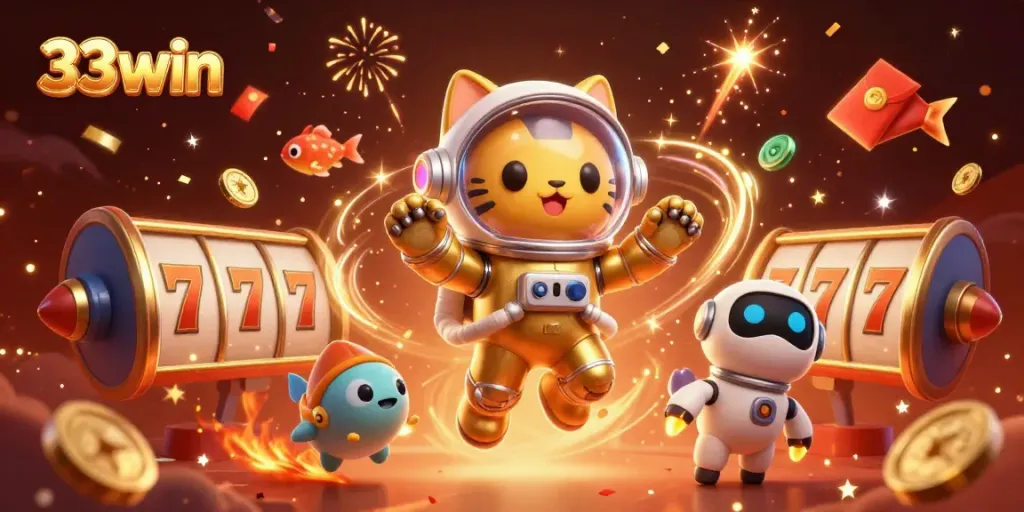 Experience the exhilarating fun of 33win with a vibrant cosmic casino scene featuring animated characters.