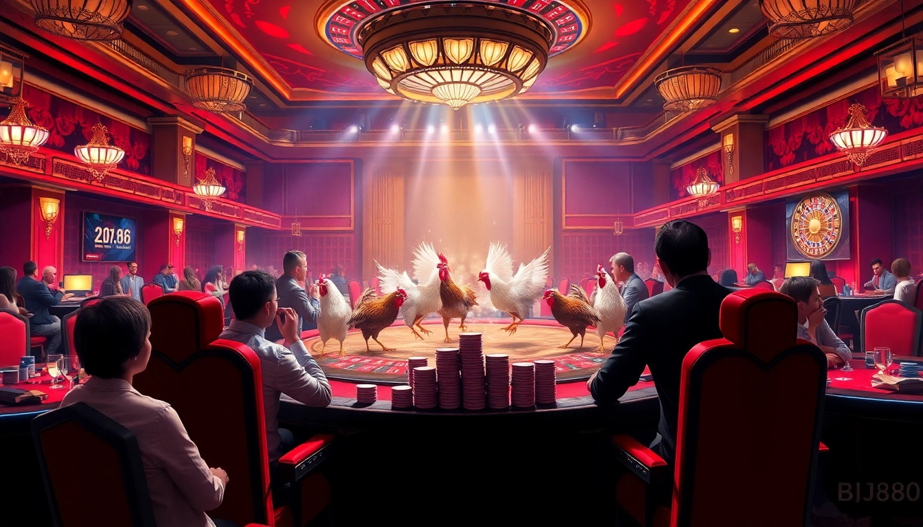 Đá Gà Thomo BJ888 showcases a thrilling chicken fighting scene with vibrant casino elements.