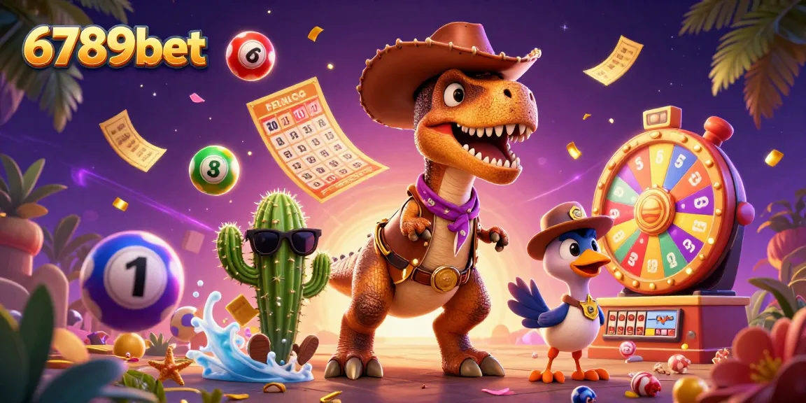 Experience the vibrant casino vibe with 6789bet, featuring a dynamic T-Rex dinosaur and colorful lottery elements.