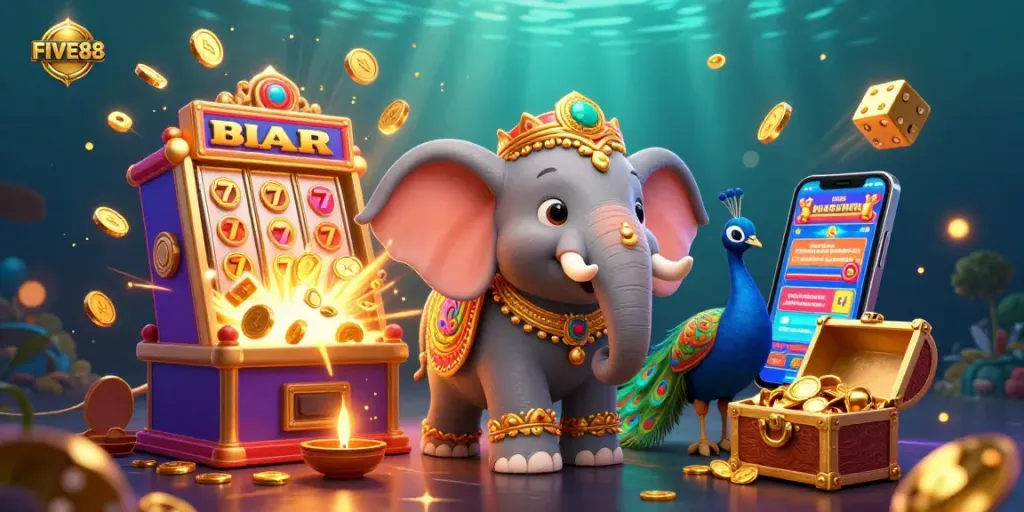 Experience the excitement of FIVE88 with a dynamic 3D casino illustration featuring vibrant characters and jackpot explosions.