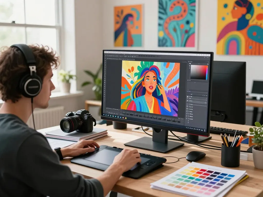 Digital artist editing images with nano banana pro software in a vibrant studio, showcasing creativity and innovation.