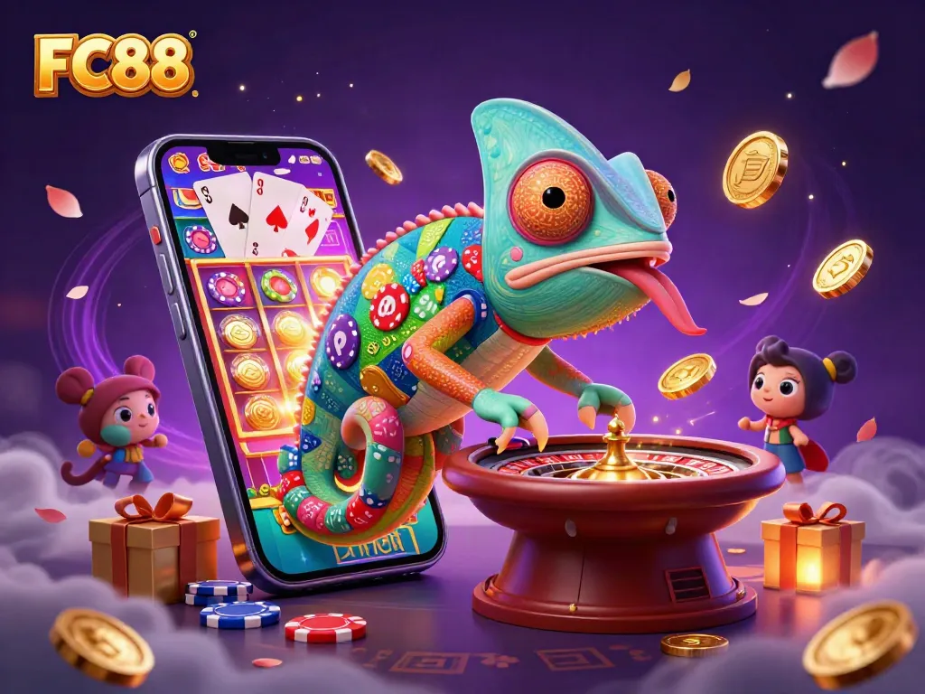 Experience thrilling gameplay at FC88 with a dynamic casino scene featuring slot games and coins.