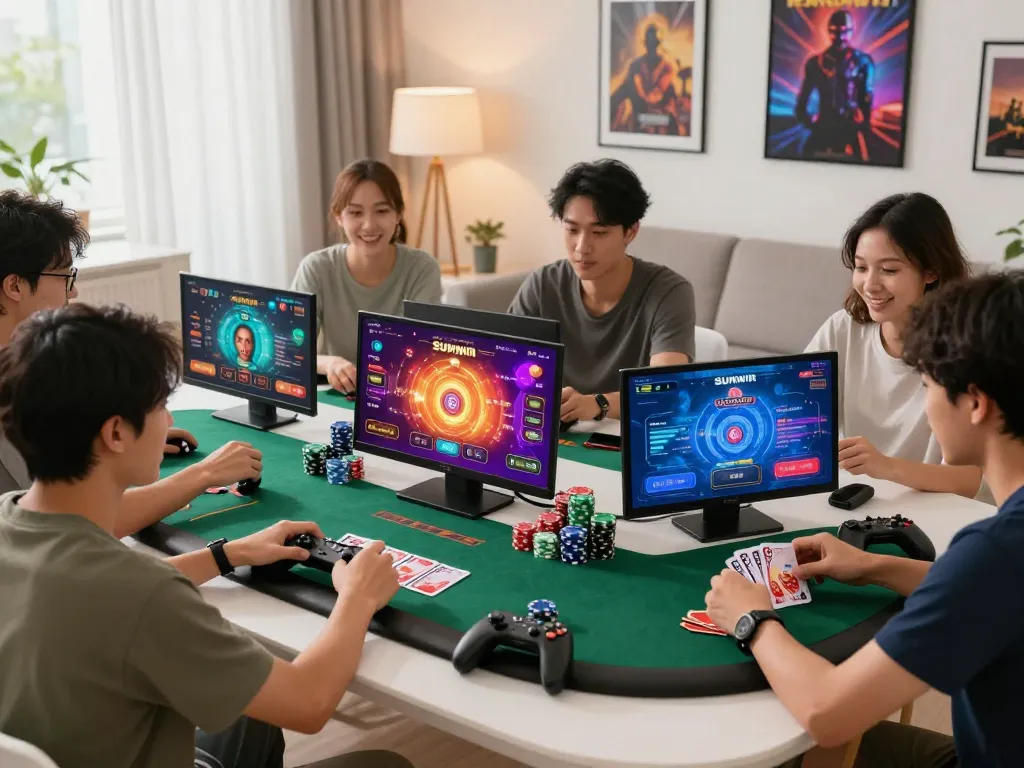 Players engaging with Sunwin online gaming platform in a vibrant living room, showcasing modern gaming culture.