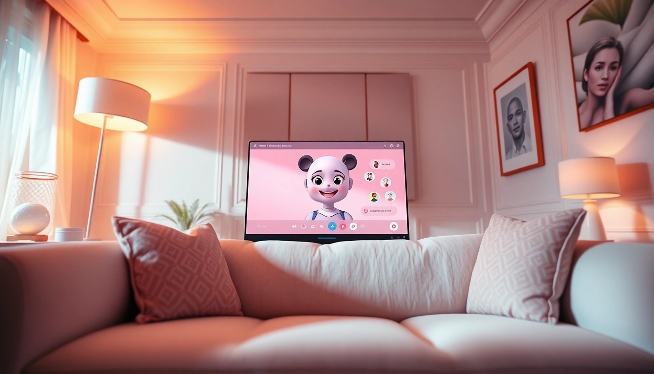 Engaging scene of ai sex chat interface with a friendly AI character in a cozy setting