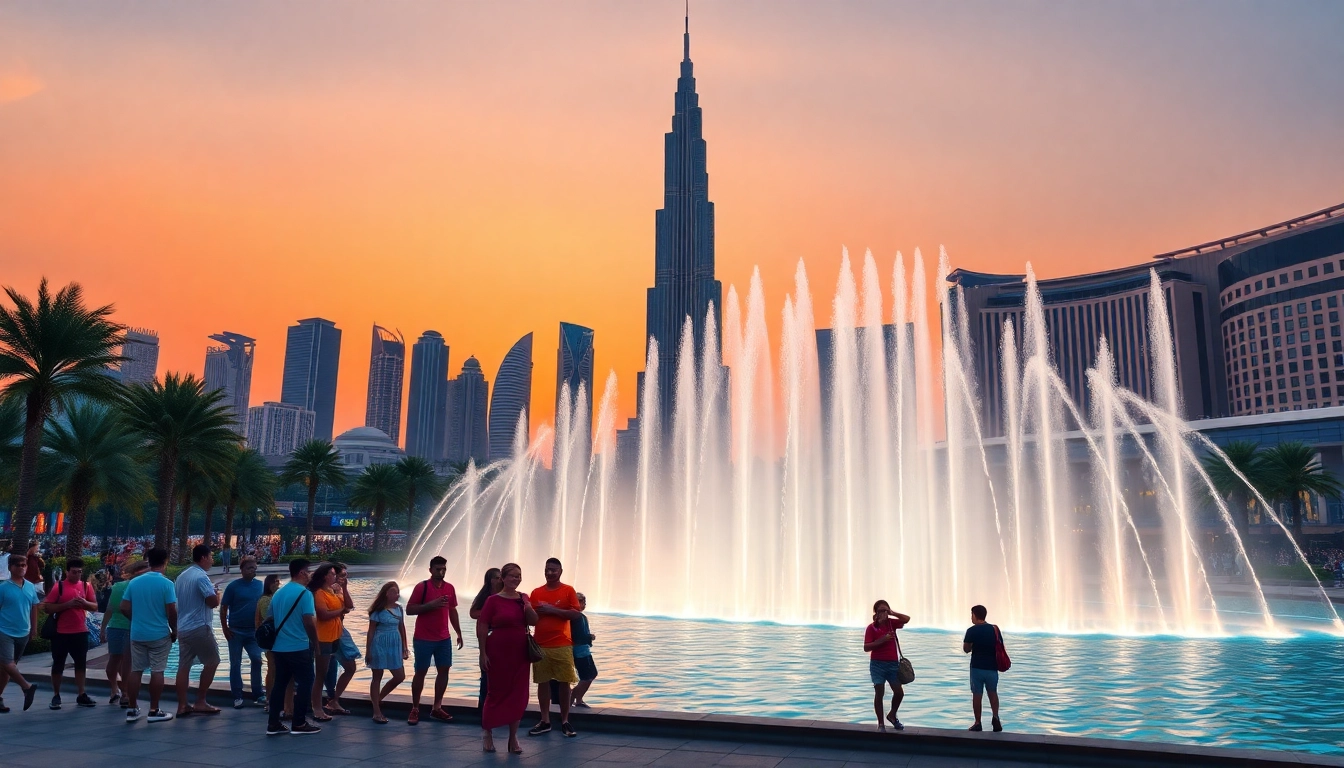 Experience the beauty of travel to Dubai with tourists admiring the Burj Khalifa and The Dubai Fountain.