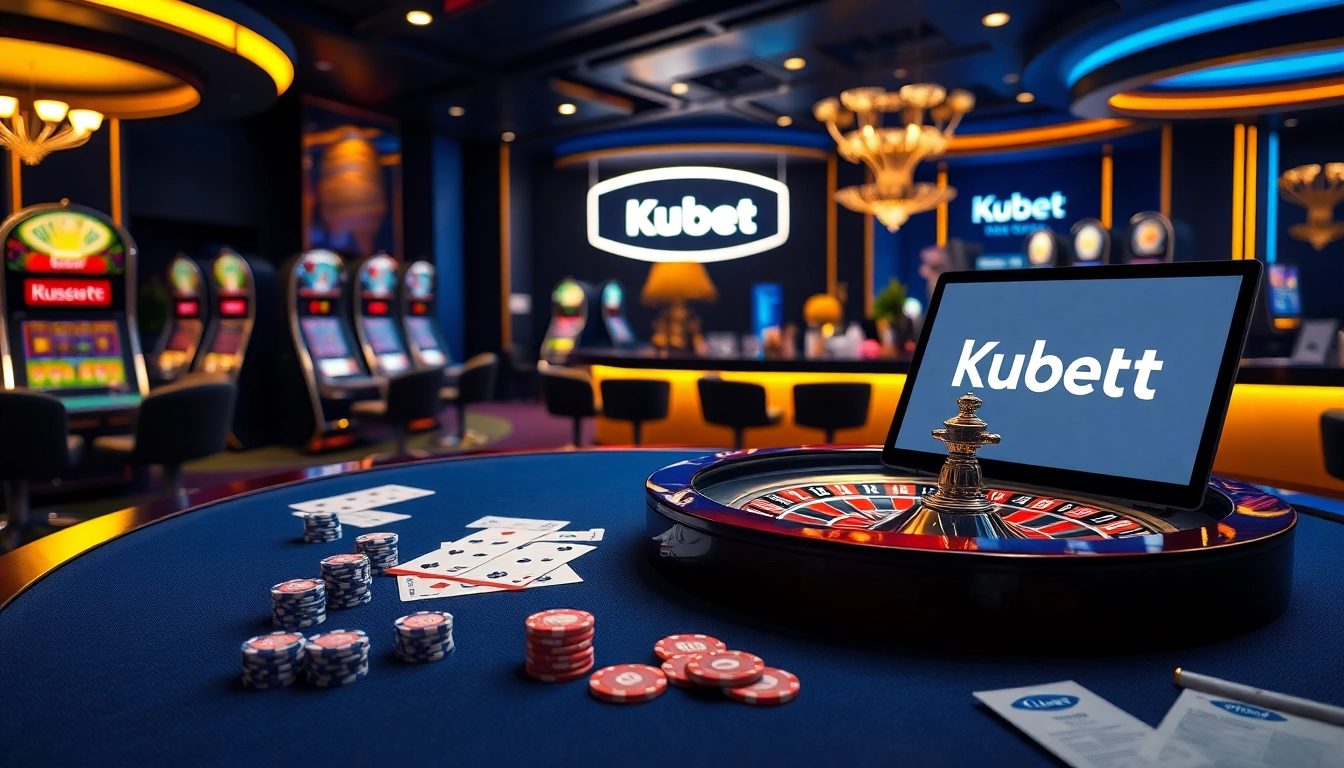 Kubet casino gaming scene with luxurious poker setup, roulette wheel, and vibrant slot machines.