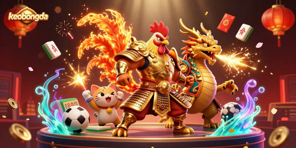 Engage in thrilling sports betting with keobongda, highlighting a fierce rooster warrior and dragon amidst vibrant gambling elements.