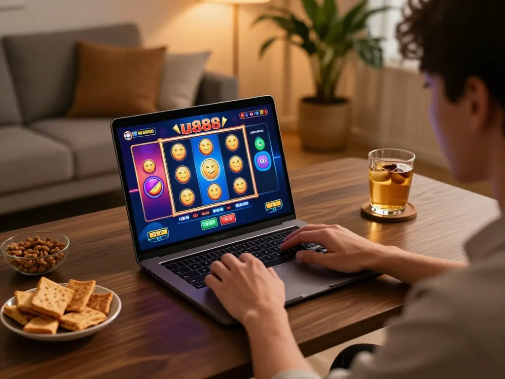Playing u888 online slots on a laptop in a stylish home setup, creating an engaging gambling atmosphere.