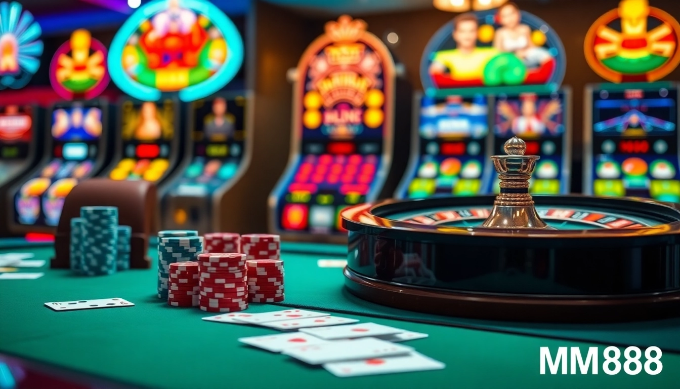 Players enjoying a thrilling gambling experience at MM88 casino with vibrant atmosphere and gaming tables.