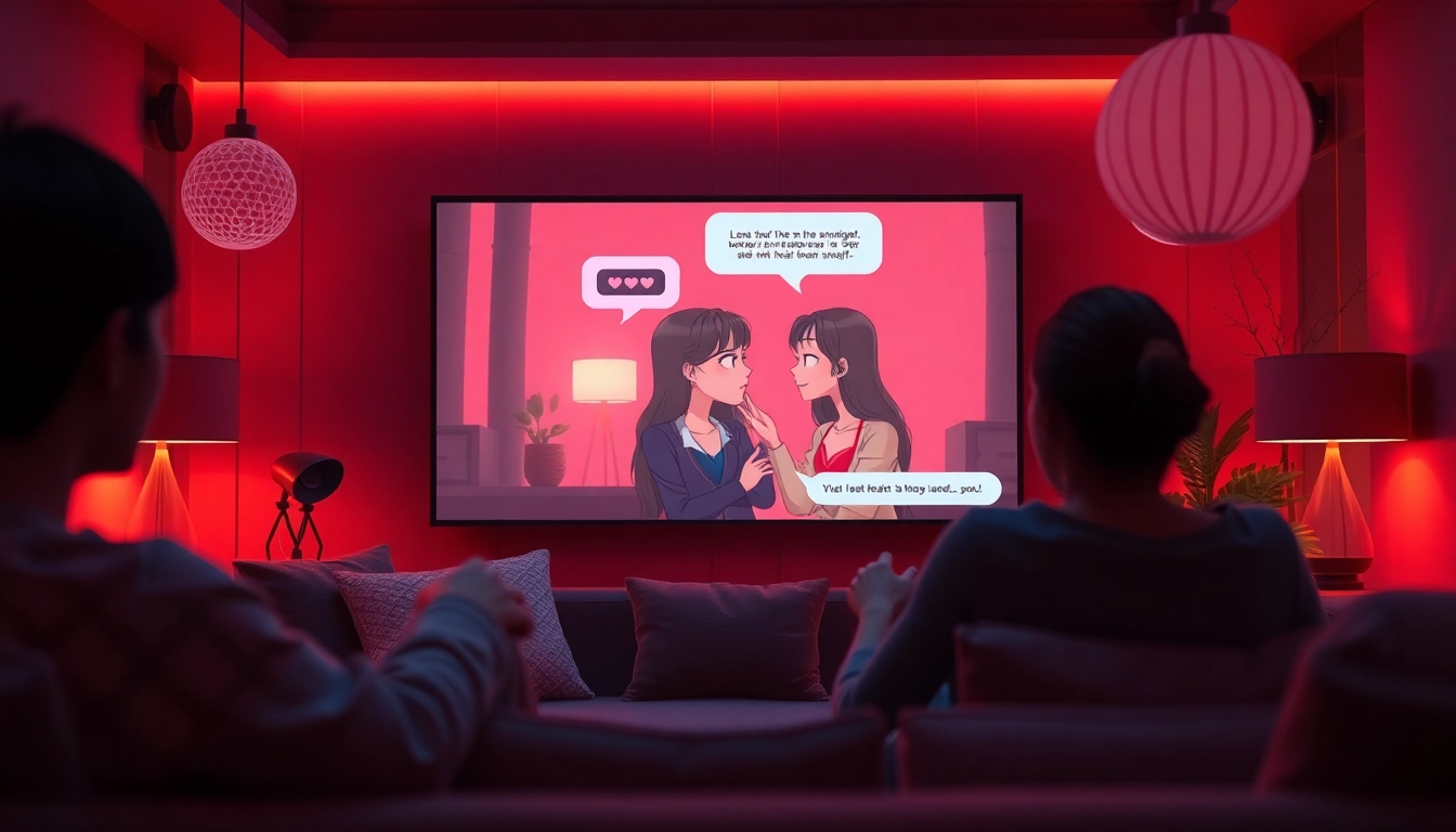 Engaging atmosphere of ai sex chat with AI character on screen, intimate setting.