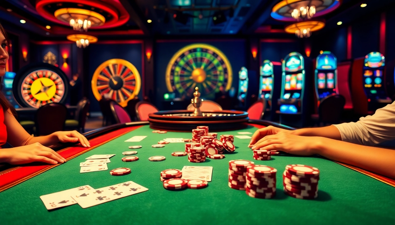Players enjoy a thrilling poker game at https://www.6rwin5.com/ casino table filled with chips and cards.
