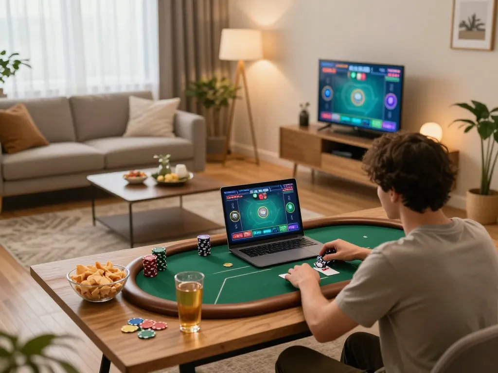 Engaging in poker while practicing chính sách bảo mật 789win from the comfort of home with a laptop.